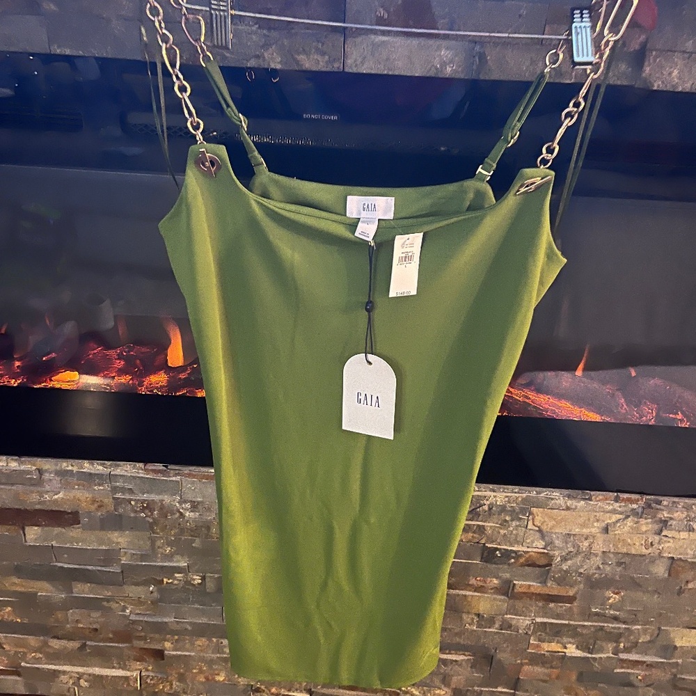 Cult Gaia gold chained strapped mini green dress XL